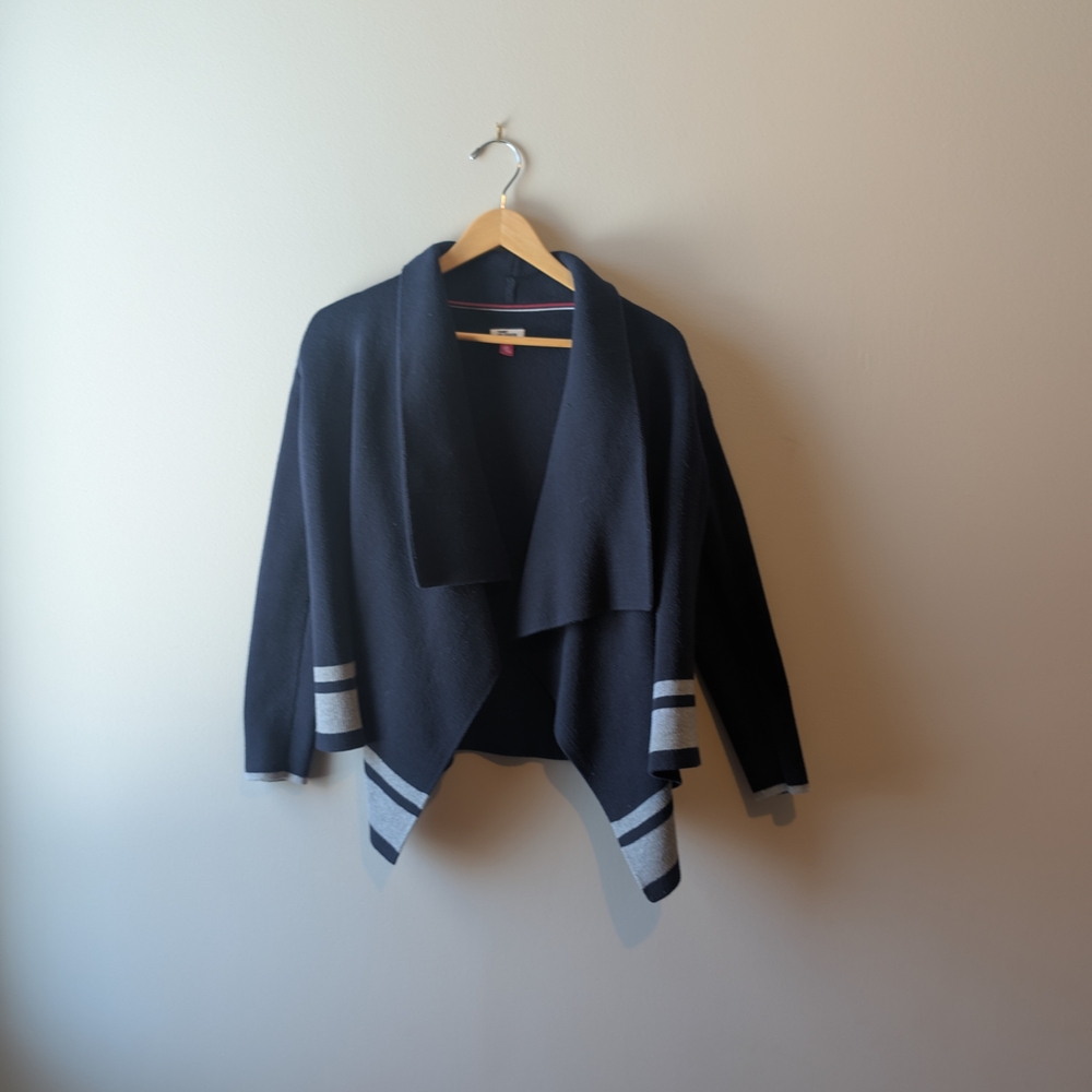 Tommy Hilfiger Navy Open-Front Draped Cardigan with Gray Stripes